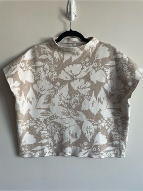 Joie cream brown mock neck abstract pixel floral sleeveless knit sweater top L
